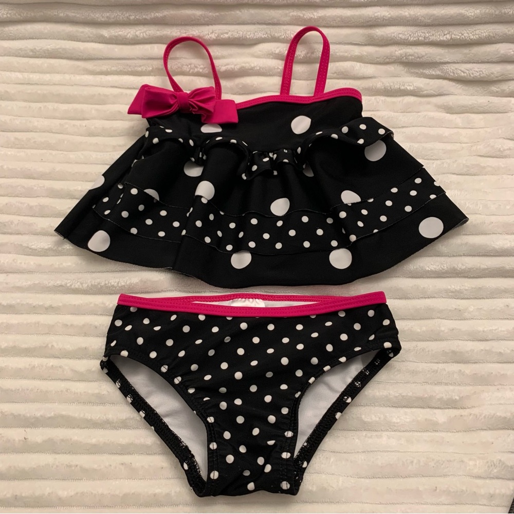 Baby Girl’s 18M Black Polka Dot Hot Pink Trim Takini 2-PC Swimsuit Tiered Top EC